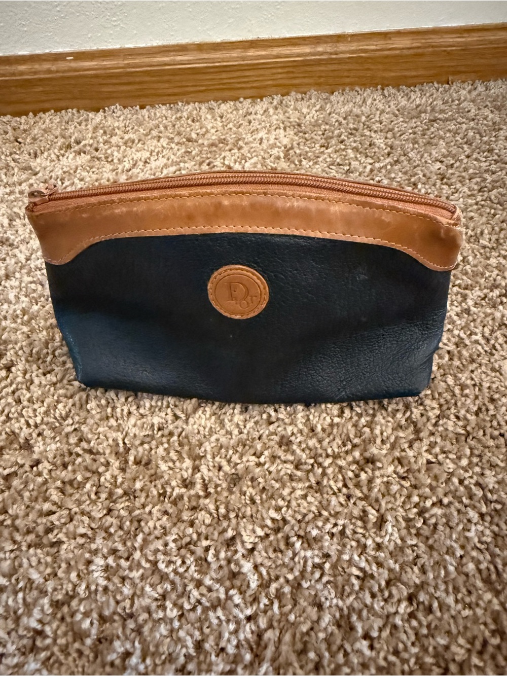 Dior Navy and Tan Leather Trim Cosmetic Pouch